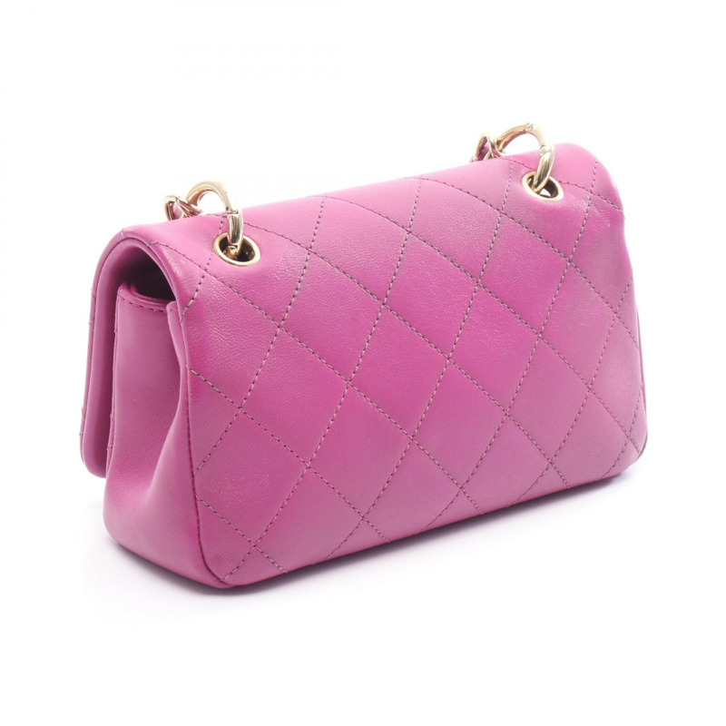 香奈兒 (CHANEL) 絎縫小號翻蓋鏈條肩背斜背包，粉紅色皮革，金色五金，二手-1