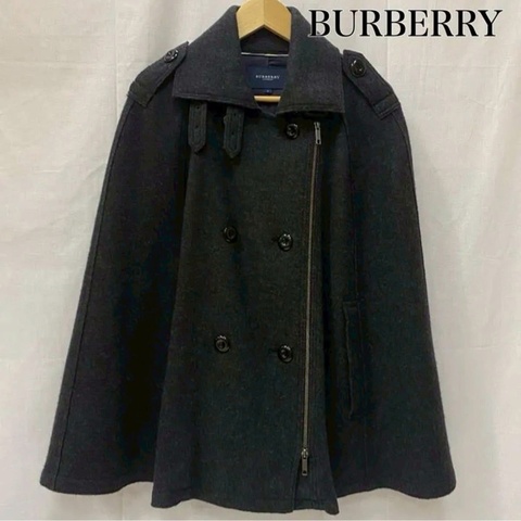 Burberry 倫敦  深灰雙排扣軍裝皮革扣挺版羊毛斗蓬大衣