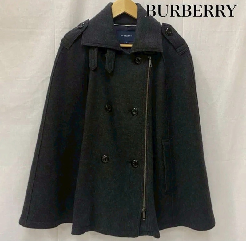 Burberry 倫敦  深灰雙排扣軍裝皮革扣挺版羊毛斗蓬大衣-0