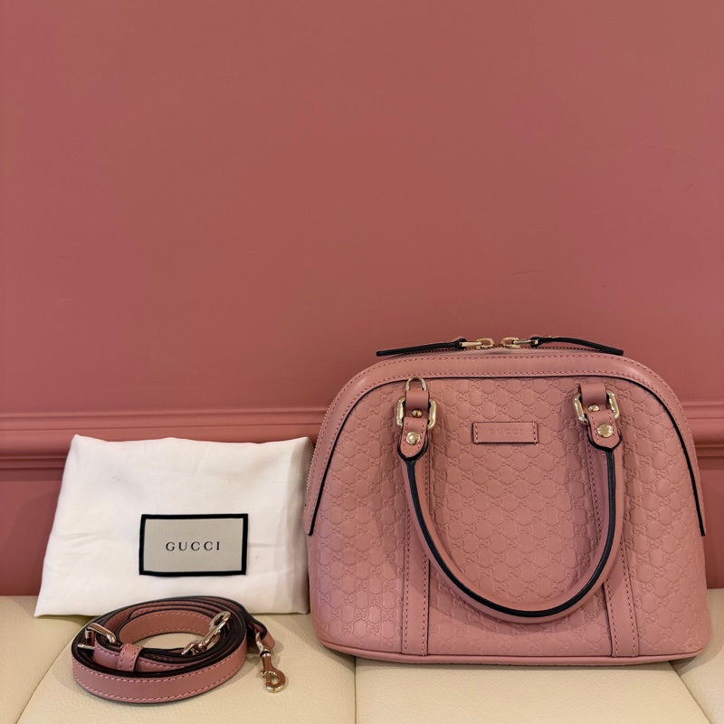 古馳Gucci 經典滿版壓紋全皮兩用貝殼包（柔瑰粉/藕粉色）Microguccissima-0