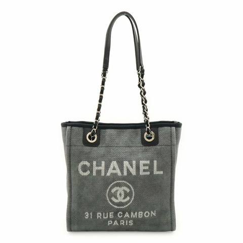 香奈兒 Deauville 手提包，鏈條肩帶單肩包，帆布和皮革材質，灰黑色，A66939