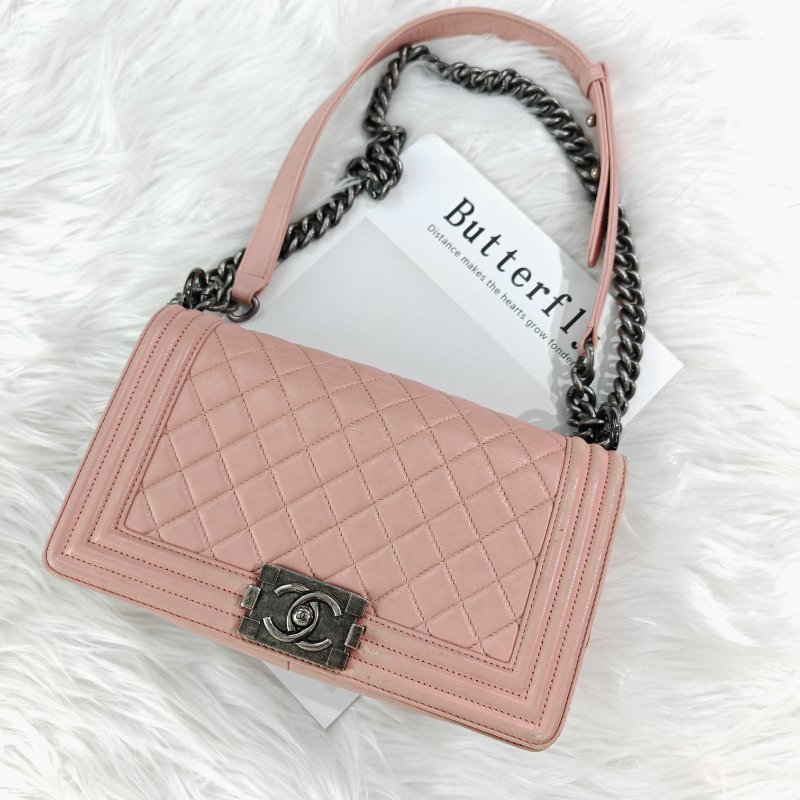 Chanel Leboy 淡粉色 菱格紋 羊皮 中號 銀扣-1