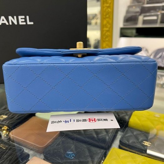 東區正精品㊣CHANEL MINI COCO 20 A69900 近全新香奈兒藍色羊皮金鍊菱格紋斜背包 CF 20cm RZ6093-4