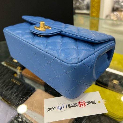 東區正精品㊣CHANEL MINI COCO 20 A69900 近全新香奈兒藍色羊皮金鍊菱格紋斜背包 CF 20cm RZ6093-6