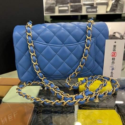 東區正精品㊣CHANEL MINI COCO 20 A69900 近全新香奈兒藍色羊皮金鍊菱格紋斜背包 CF 20cm RZ6093-9