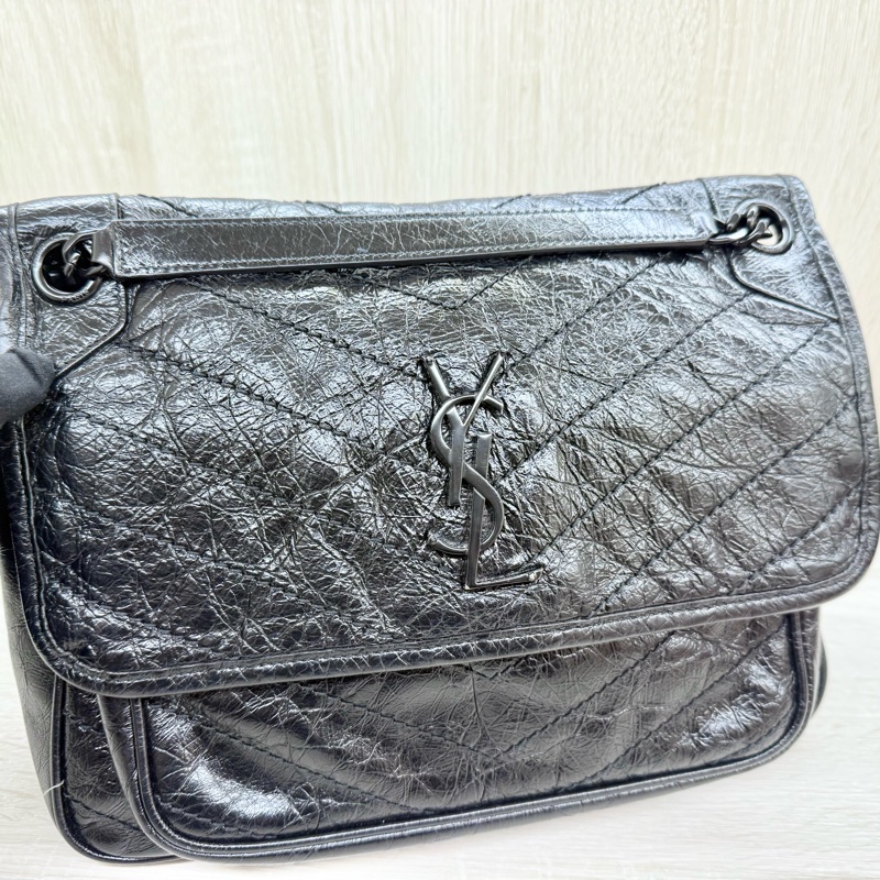 YSL黑色黑釦山形紋牛皮NIKI中號肩側背包6331840-8