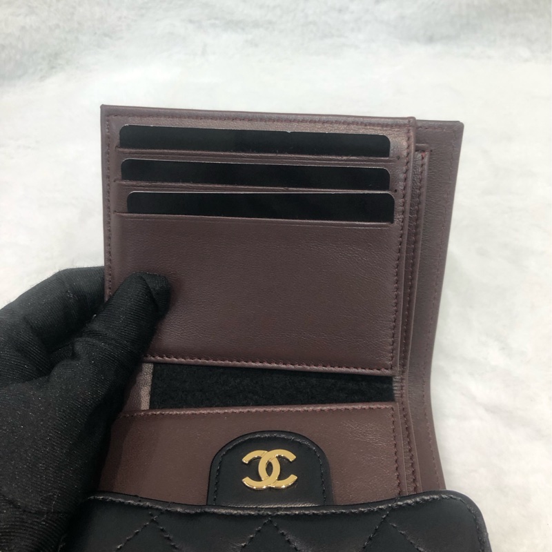 Chanel 三摺黑色羊皮短銀包 短夾 XC082-15