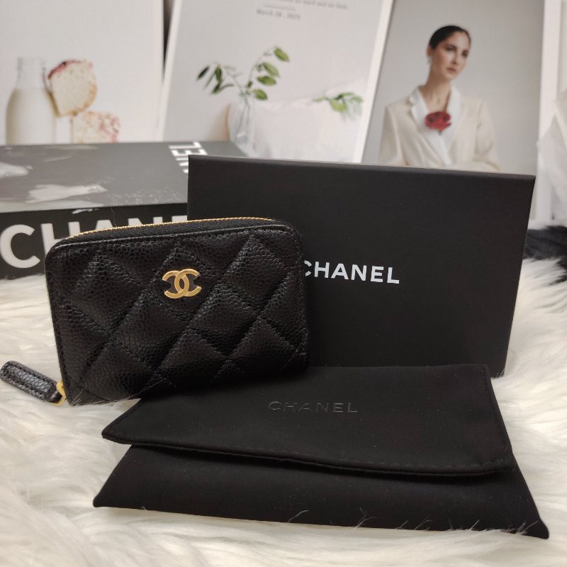Chanel 黑金 魚子醬牛皮 零錢包 芯片款-0
