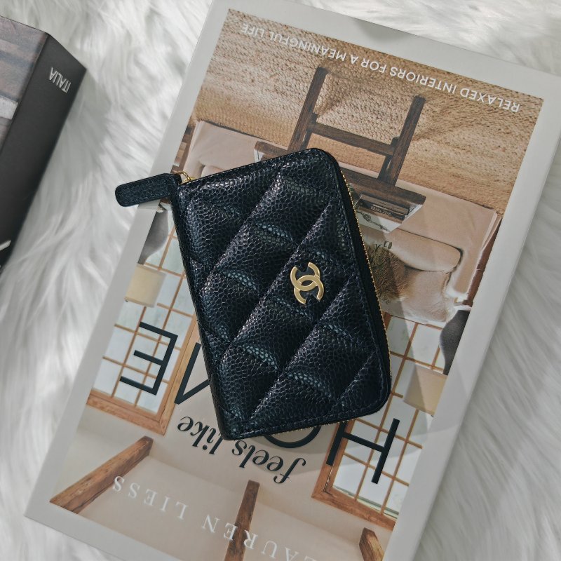 Chanel 黑金 魚子醬牛皮 零錢包 芯片款-1