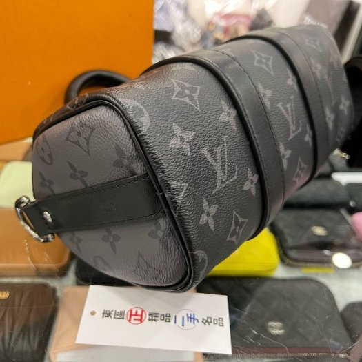 東區正精品㊣LV M46271 KEEPALL BANDOULIÈRE 25CM 黑灰色字紋拼色雙色手提斜背兩用包 RA1846-3