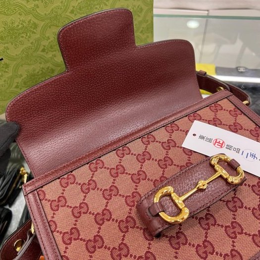 東區正精品㊣GUCCI 602204 1955 近全新暗紅色皮革緹花布金釦釦式翻蓋斜背包馬鞍包 RZ5561-1
