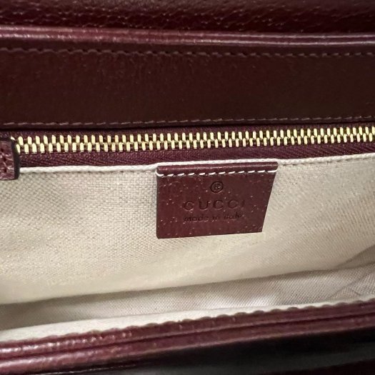 東區正精品㊣GUCCI 602204 1955 近全新暗紅色皮革緹花布金釦釦式翻蓋斜背包馬鞍包 RZ5561-3