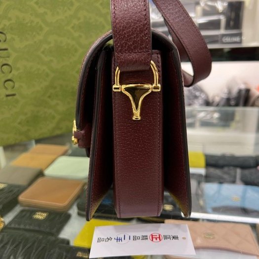 東區正精品㊣GUCCI 602204 1955 近全新暗紅色皮革緹花布金釦釦式翻蓋斜背包馬鞍包 RZ5561-4