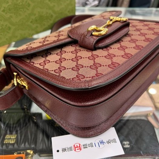 東區正精品㊣GUCCI 602204 1955 近全新暗紅色皮革緹花布金釦釦式翻蓋斜背包馬鞍包 RZ5561-6