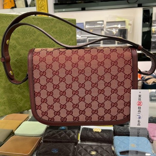 東區正精品㊣GUCCI 602204 1955 近全新暗紅色皮革緹花布金釦釦式翻蓋斜背包馬鞍包 RZ5561-8