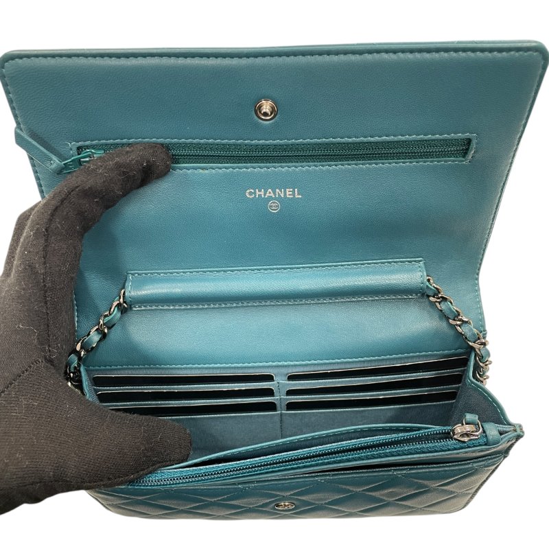 CHANEL 香奈兒 WOC 肩背包 羊皮 藍綠色 銀釦-10