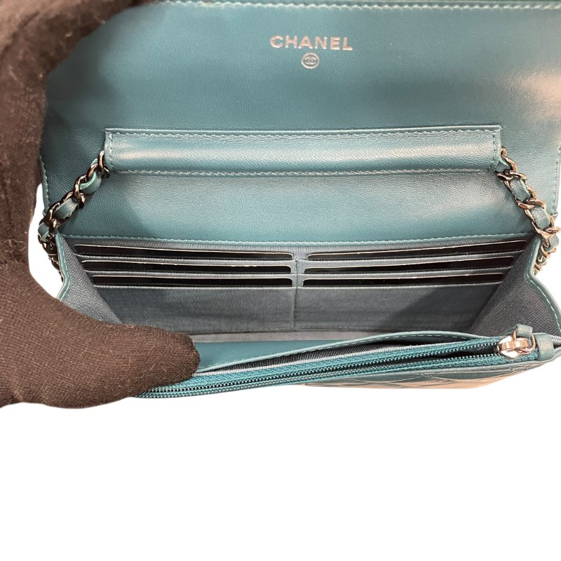 CHANEL 香奈兒 WOC 肩背包 羊皮 藍綠色 銀釦-11