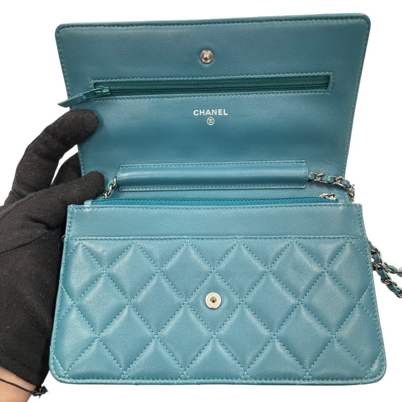 CHANEL 香奈兒 WOC 肩背包 羊皮 藍綠色 銀釦-13