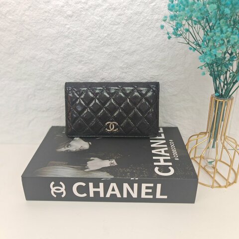 Chanel 香奈兒 黑色油蠟皮 長銀包 19開