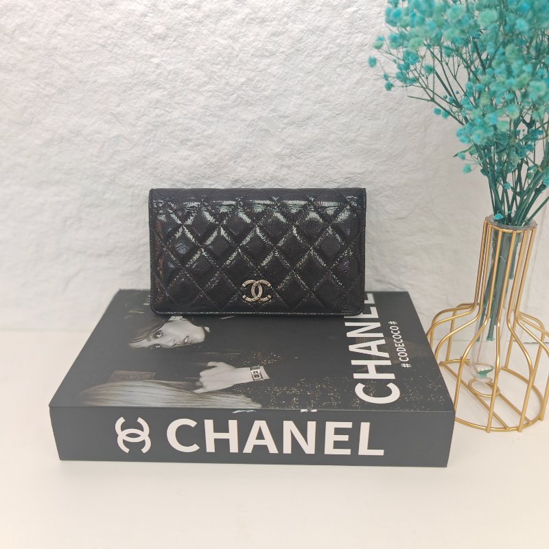 Chanel 香奈兒 黑色油蠟皮 長銀包 19開-0