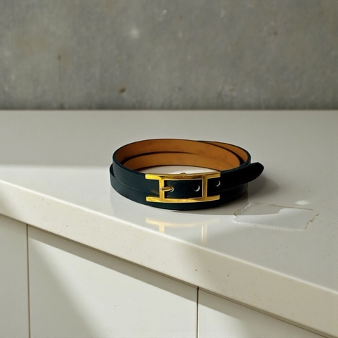 莉亞精品♡ Hermes H黑皮革2用手環/頸圈 框框R 裸件 二手美品