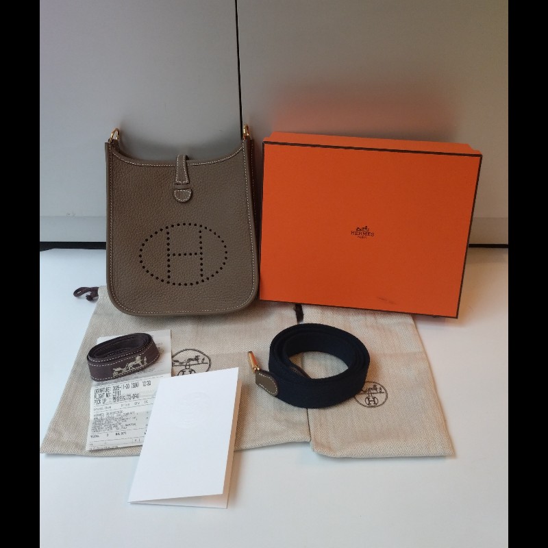Hermes 金釦灰皮 mini evelyne 17-4