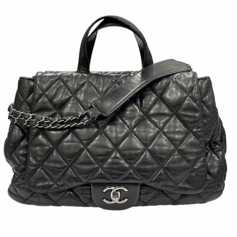 CHANEL 香奈兒 DOUBLE FACE 雙面肩背包 皮革 黑色 銀釦