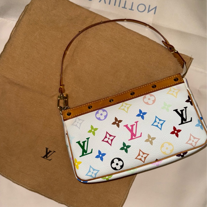 耶誕跨年優惠中🎄LV村上隆白三彩麻將包/LV麻將包/LV卯釘麻將包 Louis Vuitton/路易威登/LV Vintage/LV中古包/LV肩背包-0