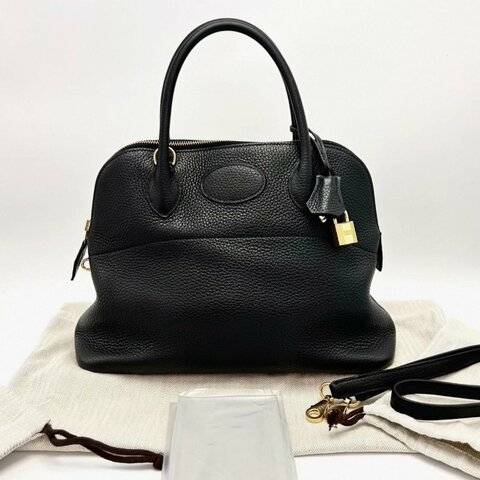 HERMES黑色金扣保齡球31手提肩背斜背包31*23*12 98新配件塵袋吊牌雨衣鎖鑰匙