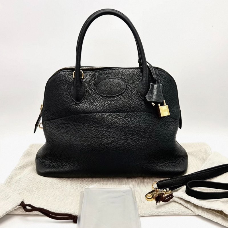 HERMES黑色金扣保齡球31手提肩背斜背包31*23*12 98新配件塵袋吊牌雨衣鎖鑰匙-0