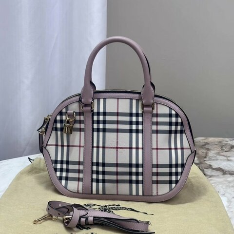 BURBERRY 經典格紋淺紫色手提肩背貝殼包22*23*12 98新配件塵袋