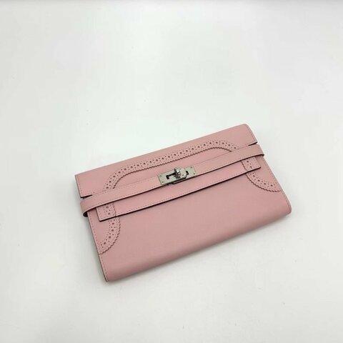 HERMES 櫻花粉銀扣Kelly long蕾絲長款錢包20*11*2.4 99新配件塵袋