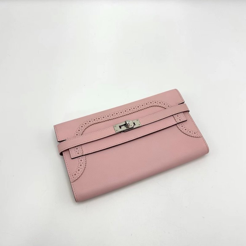 HERMES 櫻花粉銀扣Kelly long蕾絲長款錢包20*11*2.4 99新配件塵袋-0