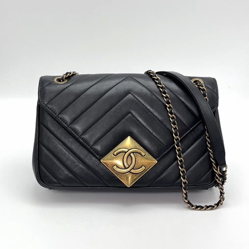 CHANEL復古黑金V紋肩背斜背包24*15*6 98新配件塵袋-0