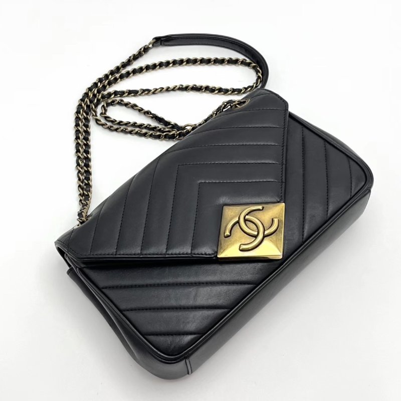 CHANEL復古黑金V紋肩背斜背包24*15*6 98新配件塵袋-2