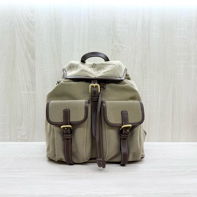 PRADA卡其帆布拚咖啡滾邊小號束口後背包1BZ006-0