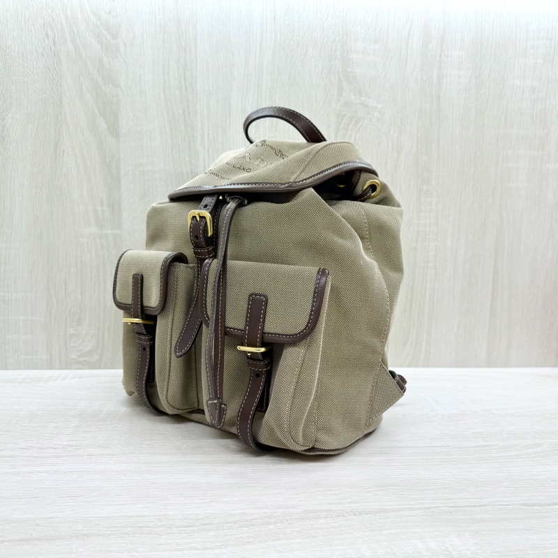 PRADA卡其帆布拚咖啡滾邊小號束口後背包1BZ006-2