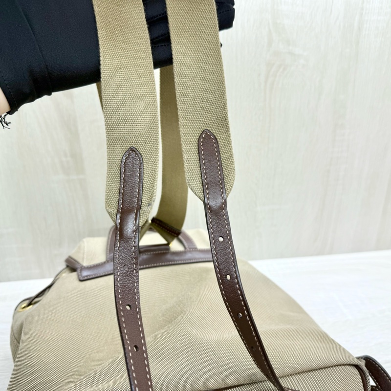 PRADA卡其帆布拚咖啡滾邊小號束口後背包1BZ006-11