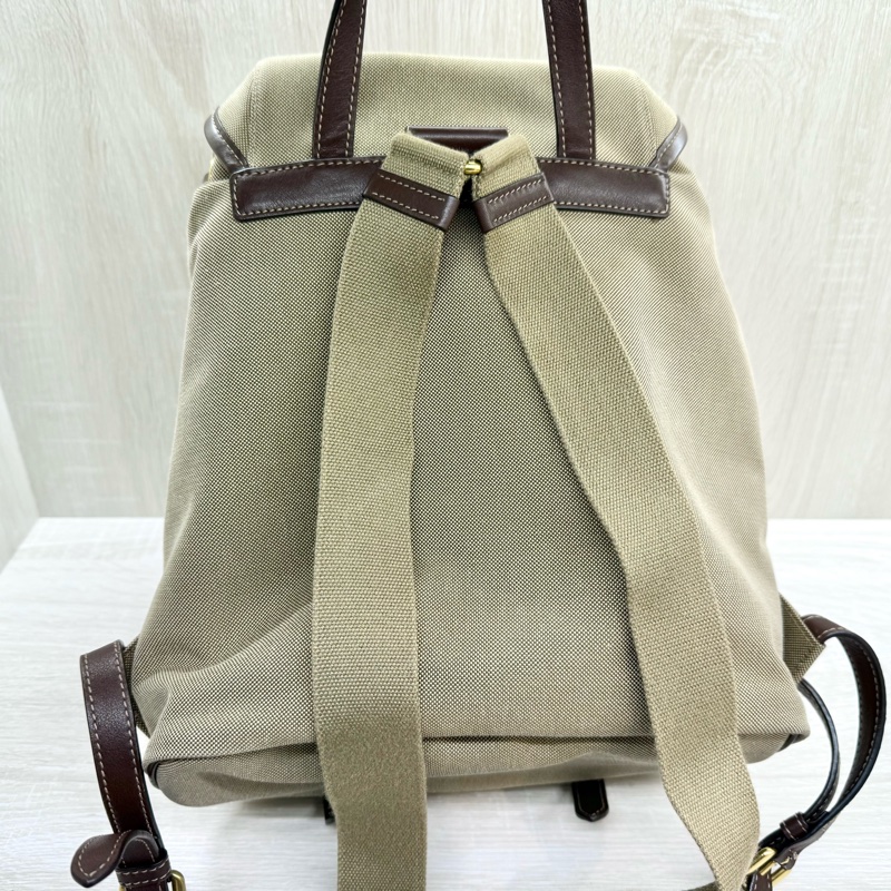PRADA卡其帆布拚咖啡滾邊小號束口後背包1BZ006-12