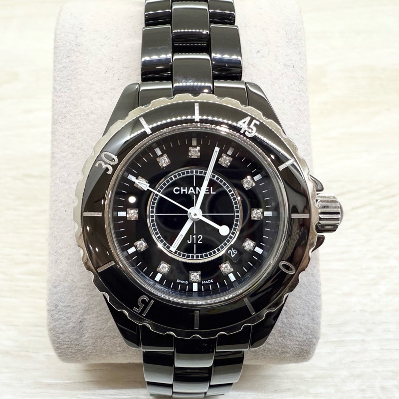 CHANEL黑色陶瓷12點鑽石英錶J12 33mm-0