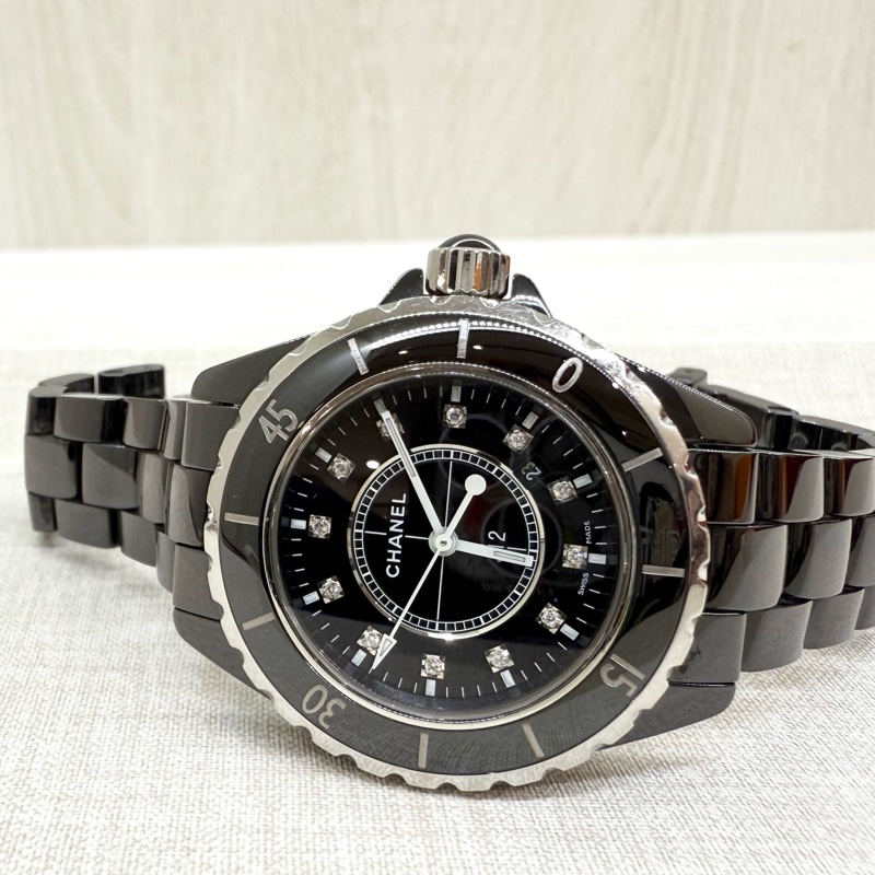 CHANEL黑色陶瓷12點鑽石英錶J12 33mm-1