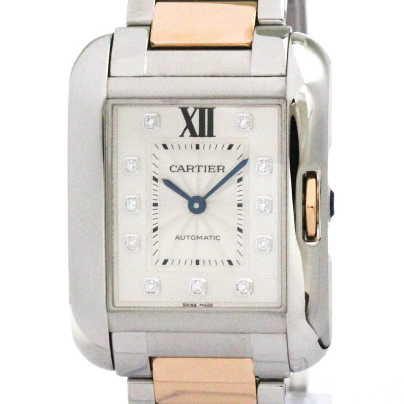 卡地亞 Tank Anglaise LM 鑲鑽 18K 玫瑰金精鋼男女通用腕錶 WT100025-0