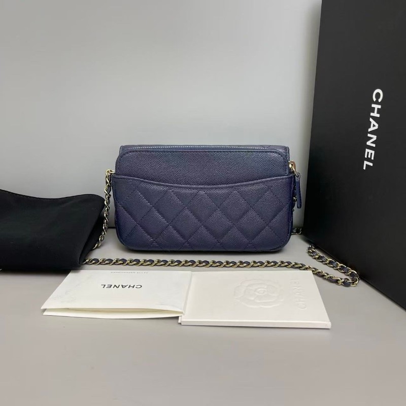 Chanel 深藍色金扣牛皮荔枝紋woc鏈條包-1