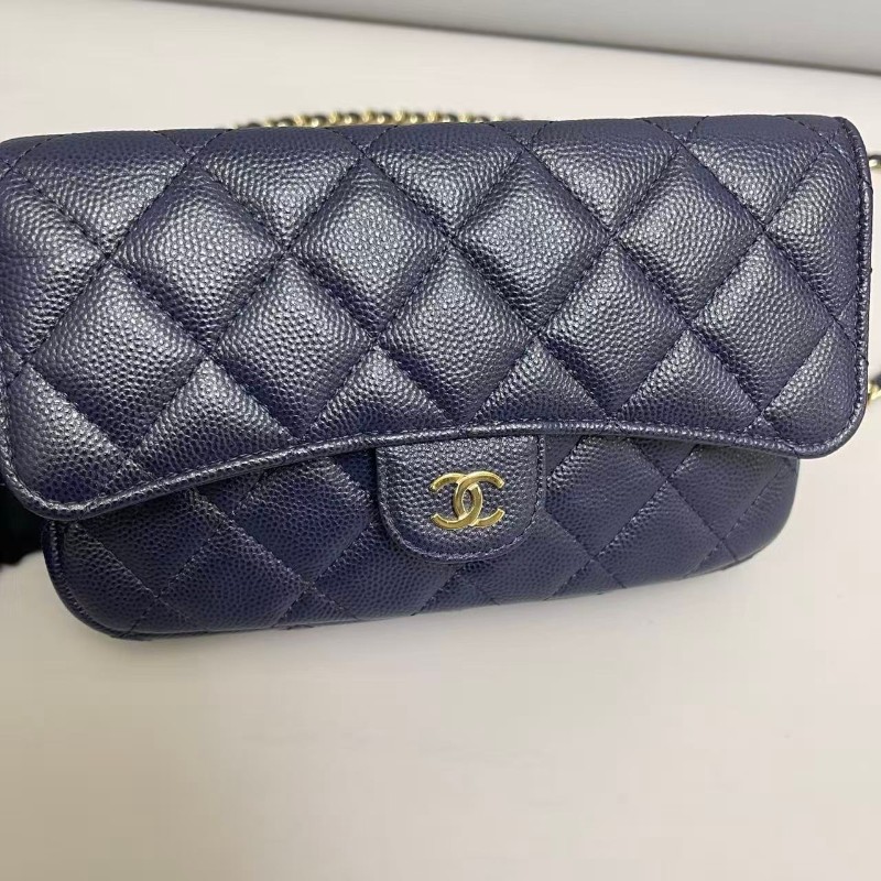 Chanel 深藍色金扣牛皮荔枝紋woc鏈條包-6