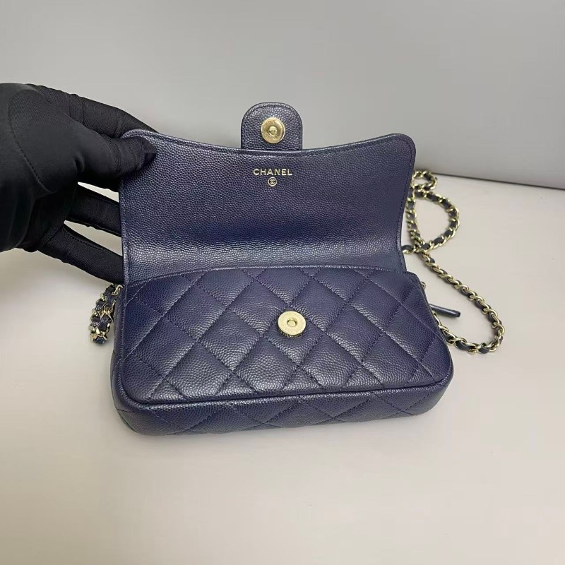 Chanel 深藍色金扣牛皮荔枝紋woc鏈條包-7