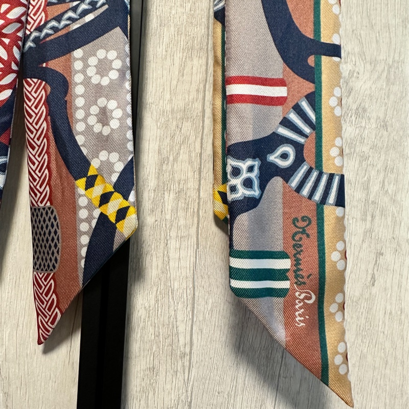 愛馬仕Hermès 棕色系藍綠花紋Twilly一對-2