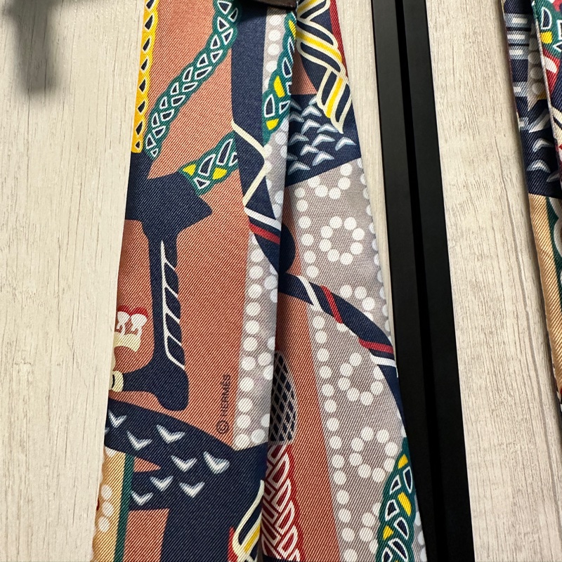 愛馬仕Hermès 棕色系藍綠花紋Twilly一對-3