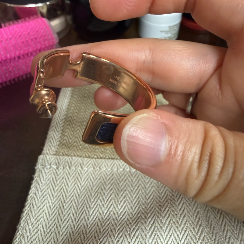 Hermès🇫🇷 愛馬仕 蹄狀大圈耳環 玫瑰金×深藍｜全新未拆膜-3