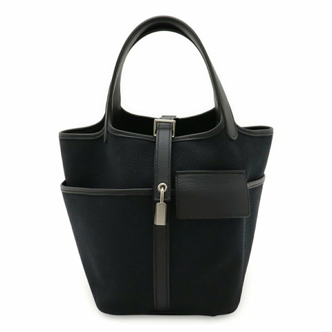 愛馬仕 Picotin Lock PM 手袋/托特包，採用 Toile Goelan Swift 皮革，黑色，帶有 U 字印記