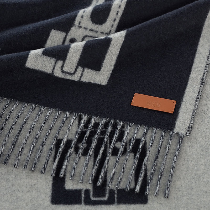 Hermes 愛馬仕 Casaque Les Sangles圍巾 藍/灰雙面可用-5